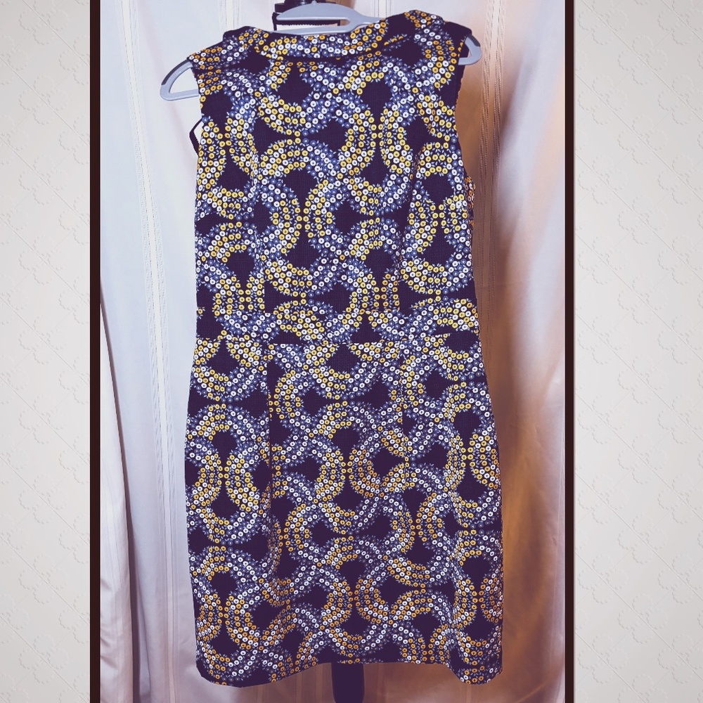 VTG Boden Sleeveless Collared V-Back Zip Blue Yellow Mock Sequin Lined Dress 8P